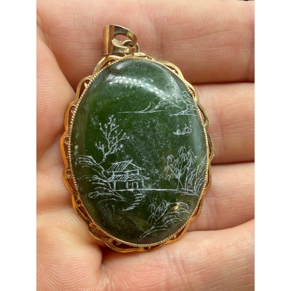 Vintage Natural Jade Pendant Hand Engraved Landscape Taiwan Silver Oval Rare1070